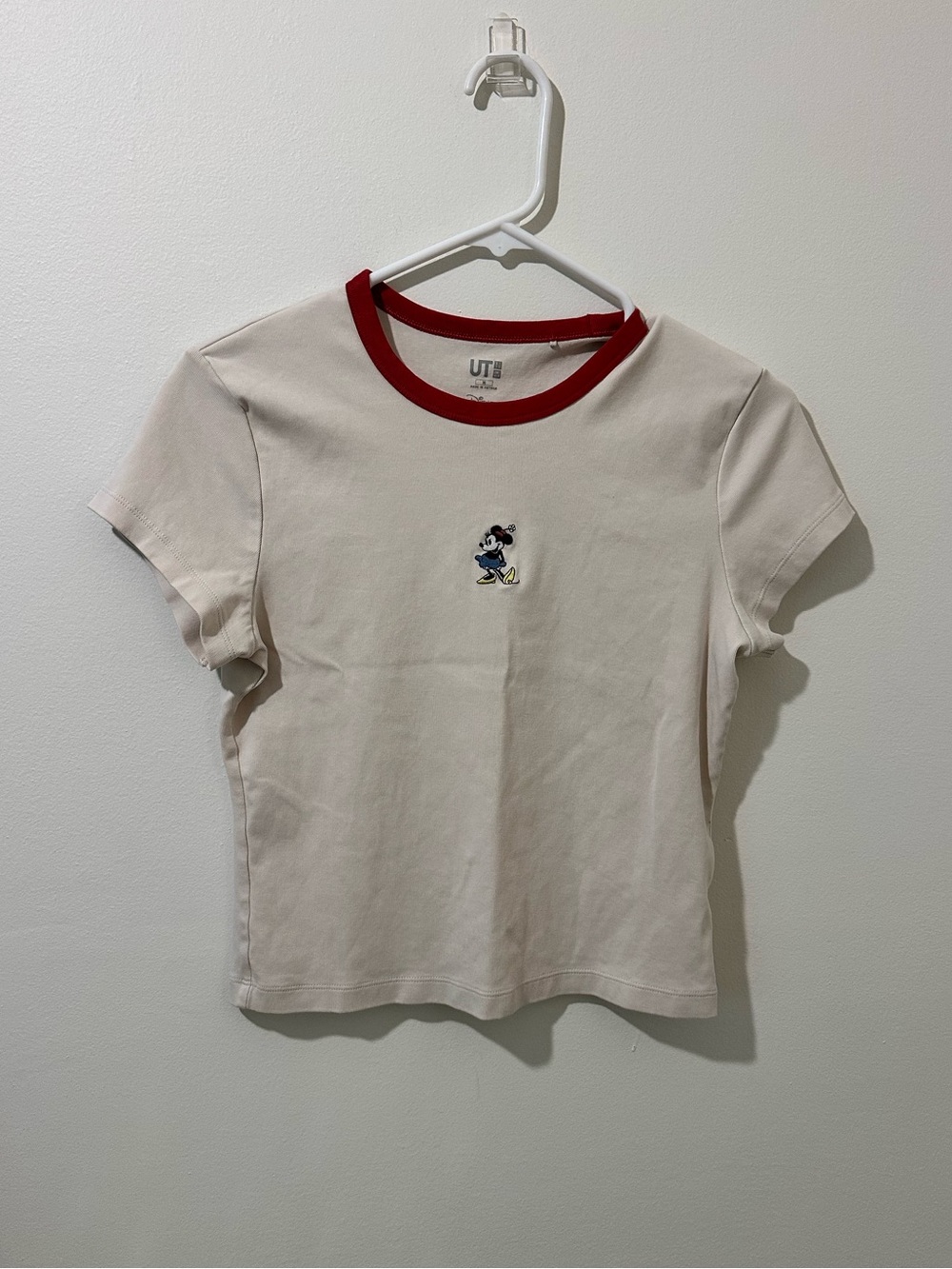 Disney Cream Tee with Red Ringer Collar and Embroidered Mickey